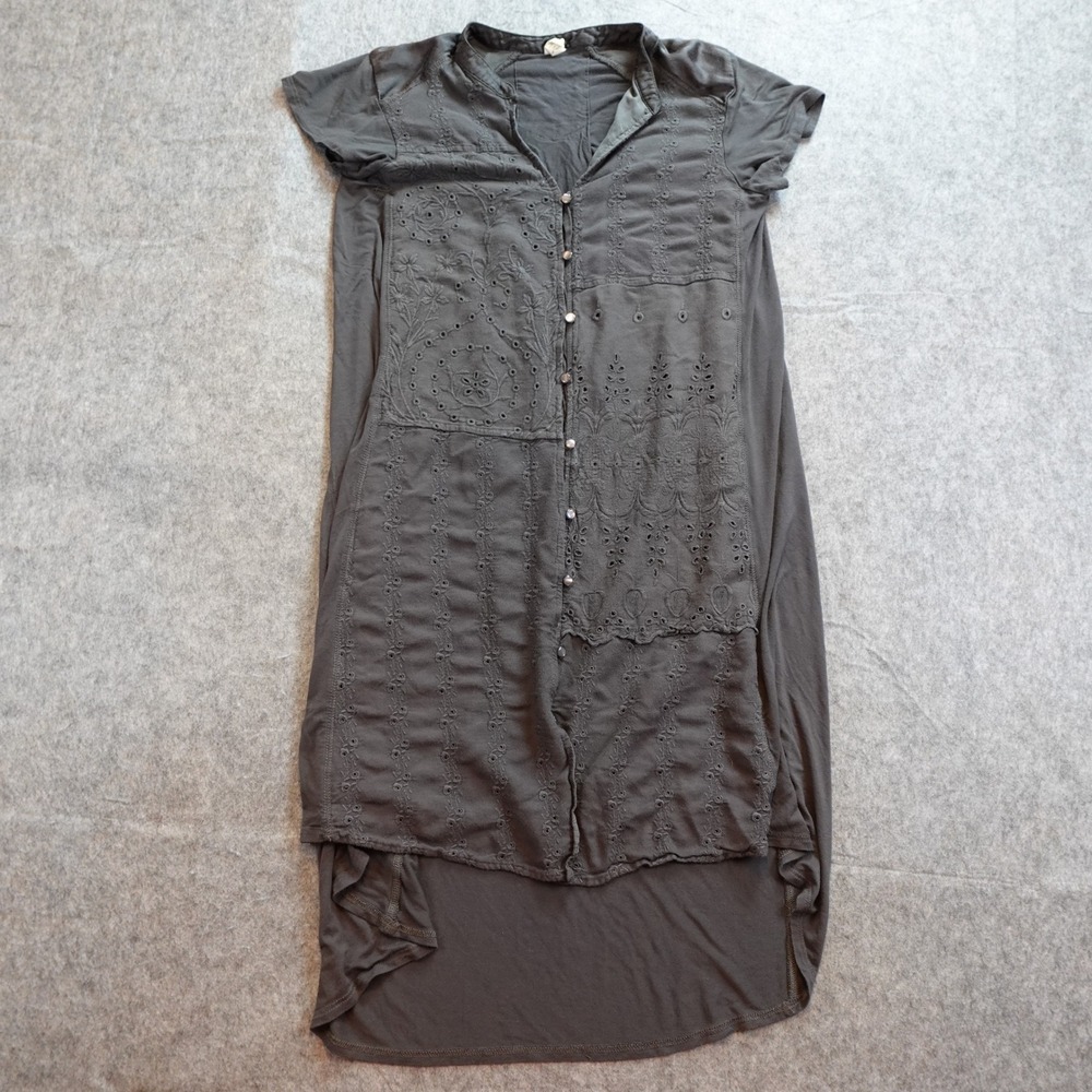 Anthropologie Tiny Dress Womens Medium Gray Eyelet Embroidered High Low Midi
